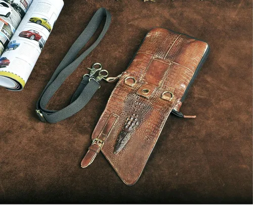 Vista 6 de Le'aokuu Riñonera de cuero genuino para hombre, bolso de hombro pequeño mensajero para teléfono, cinturón, Camel de cocodrilo grande