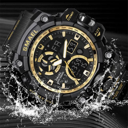 Vista 4 de Reloj analógico de cuarzo para hombre con doble pantalla y alarma digital con iluminación LED Negro