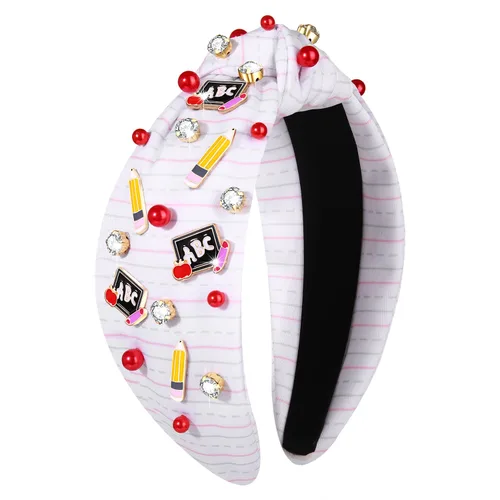 Vista 5 de boderier Diadema para profesores, libro de lápiz, diadema a cuadros, diadema de cristal con perlas anudadas para el regreso a la escuela, regalos