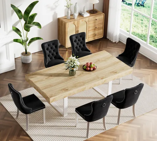 Vista 45 de Juego de mesa de comedor extensible marrón de 63 a 78.74 pulgadas para 4, juego de mesa de comedor de 5 piezas con 4 sillas tapizadas, mesa