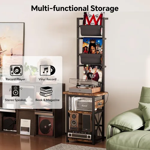 Vista 3 de Homeiju Soporte para tocadiscos con toma de corriente, estante de exhibición de discos de vinilo de 6 niveles, mesa de tocadiscos con almacenamiento
