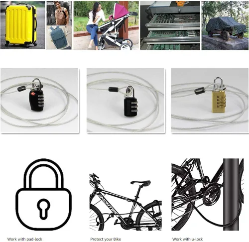 Vista 7 de WANLIAN Cable de acero de seguridad, cable de bloqueo, cable de bloqueo flexible de acero trenzado de doble bucle, plateado, 78.7 in de largo