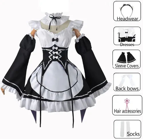 Vista 2 de Rem Cosplay - Disfraz de sirvienta de gato Akiba Maid War Cosplay Nagomi Maid Sensou, vestido de sirvienta Lolita