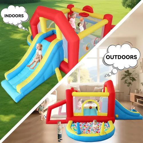 Vista 5 de Casa inflable de rebote para niños de 9 en 1 con tobogán alto, piscina de pelotas, juego de fútbol de habilidad, juego de sacos de arena