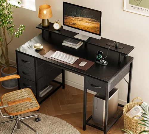 Vista 8 de Huuger Escritorio para computadora de 47 pulgadas con 4 cajones, escritorio para juegos con luces LED y tomas de corriente, escritorio de oficina