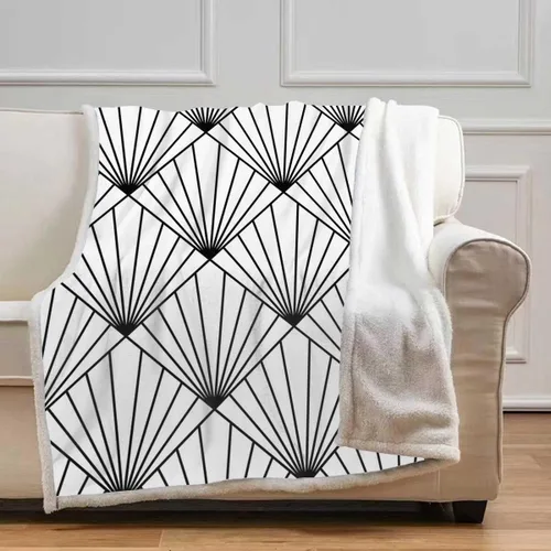 Vista 2 de Cobijas Calientes para Invierno en blanco y negro con textura de líneas geométricas a cuadros, mantas de otoño de microfibra para cama