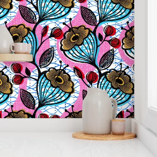 Vista 8 de Muestras de papel tapiz para despegar y pegar, impresiones florales africanas, flores, arte étnico de África, inspirado en Memphis, impresión