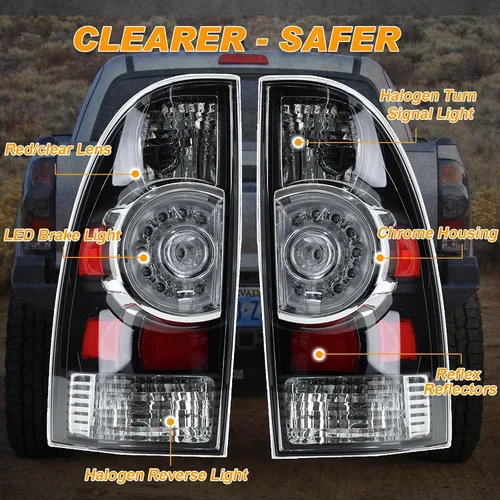 Vista 3 de Luces traseras compatibles con Tacoma 2005-2015 (estilo de carcasa negra) Lado del conductor y del pasajero, LED y halógeno, con bombilla y arnés