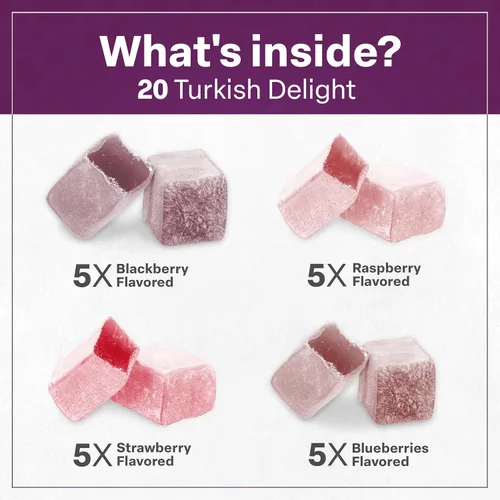 Vista 6 de Eastanbul Delicia Turca, 10.5 oz, Delicias Turcas Surtidas Sabor Fresa, Mora, Frambuesa y Arándano, Dulce Internacional, Lokum, Natural, Sin Gluten