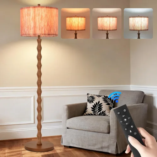 Vista 17 de Lámparas de pie doradas para sala de estar, dormitorio, lámpara de pie de cristal con control remoto y pantalla rosa, lámpara de pie regulable