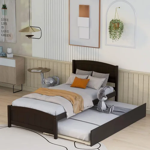 Vista 9 de Harper & Bright Designs Base de cama individual, plataforma de madera con nido, cabecero, estribo y soporte de listones de madera (espresso con nido)