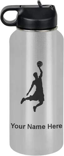 Vista 77 de LaserGram Botella de Agua Personalizada, Basketball Slam Dunk Man, Acero Inoxidable de Doble Pared con Aislamiento al Vacío con Pajita Abatible