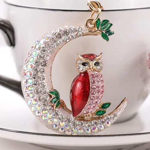 Vista 4 de Llavero de búho, llavero de diamantes de imitación de cristal, 1 juego de decoración de animales para suministros de automóvil, regalo para mujeres