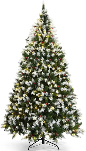Vista 9 de Goplus - Árbol de Navidad artificial preiluminado de 1.8 m con bisagras, cubierto de nieve, con piñas, bayas rojas y 250 luces LED, 8 modos