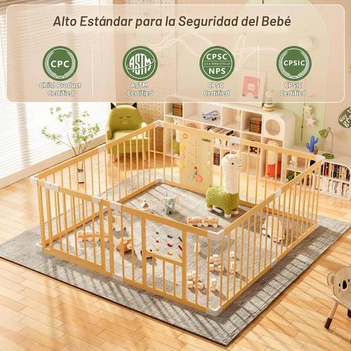 Vista 2 de Xilingol Corralito de madera para bebés con puerta de bloqueo, corralito extragrande para bebés y niños pequeños, centro de actividades