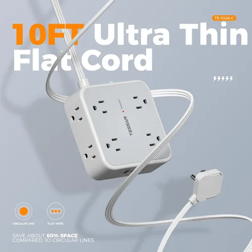 Vista 5 de [Usado] TESSAN - Tira de alimentación con protector de sobretensiones, enchufe plano, cable de extensión largo de 10 pies con 8 salidas, 3 puertos