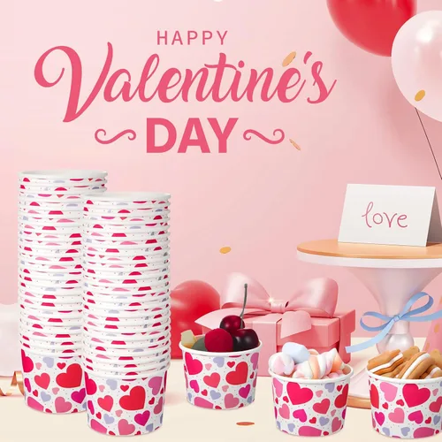 Vista 5 de Shellwei 100 cuencos de papel de helado para el día de San Valentín de 9 onzas a granel, tazas de aperitivos con corazón rojo, tazones de postre