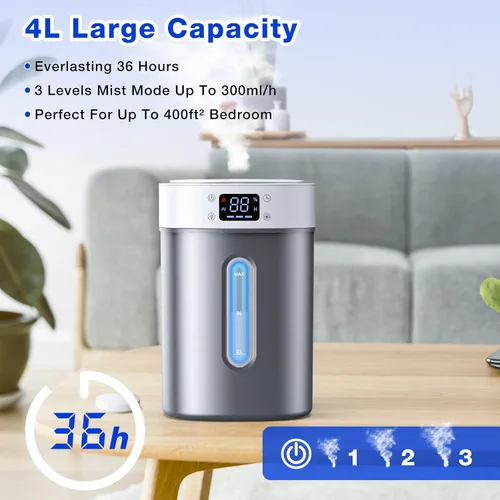 Vista 3 de Humidificador ultrasónico de niebla fría de 4 litros con tanque de acero inoxidable 304, control automático de humedad, luz nocturna y temporizador