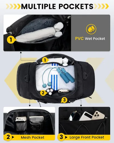 Vista 3 de Vorspack Bolsa de gimnasio para hombres 21 pulgadas bolsa de viaje bolsa de lona para gimnasio, deportes, viajes, fin de semana, natación durante