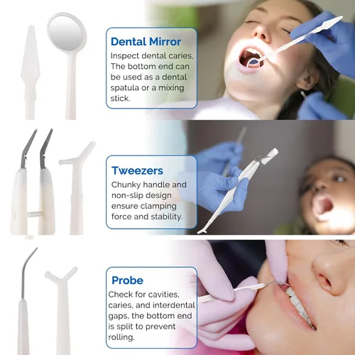 Vista 5 de JMU Paquete de 60 kits de examen dental desechables, juego de 3 instrumentos básicos, embalaje estéril, alicates de sonda explorador de espejo