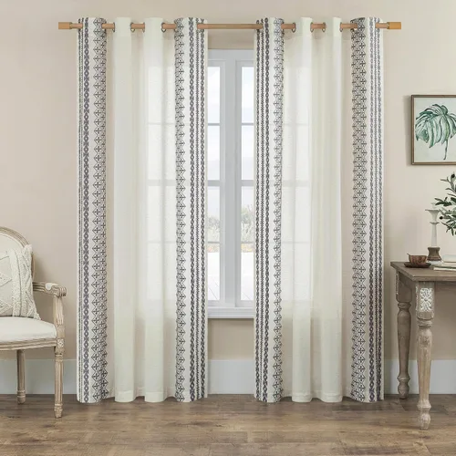 Vista 2 de Cortinas de Lino Natural de 63 Pulgadas de Largo, Juego de 2 Paneles para Sala de Estar y Dormitorio, Cortinas Semitransparentes con Ojales que