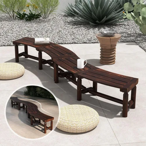 Vista 5 de Tangkula Banco de patio curvo, banco de comedor de madera carbonizada, asiento espacioso y con listones, carga máxima de 710 LBS, banco de 2 plazas