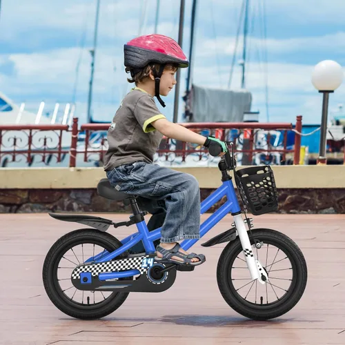 Vista 2 de HONEY JOY Bicicleta para niños, 12, 14, 16, 18, 20 pulgadas, con ruedas de entrenamiento y freno de mano, marco de acero, cadena totalmente cerrada