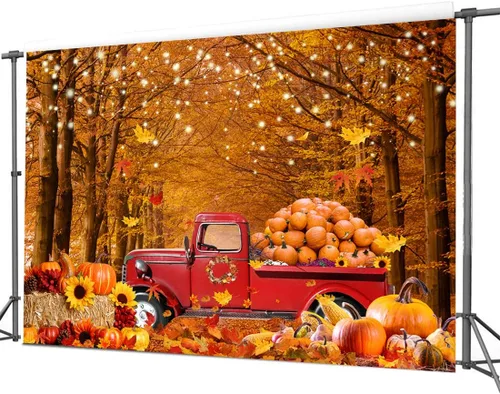 Vista 3 de CYLYH Telón de fondo de fotografía de otoño de 8 x 6 pies, hojas de bosque de arce, automóvil, calabaza, amigos, fondo, suministros de fiesta