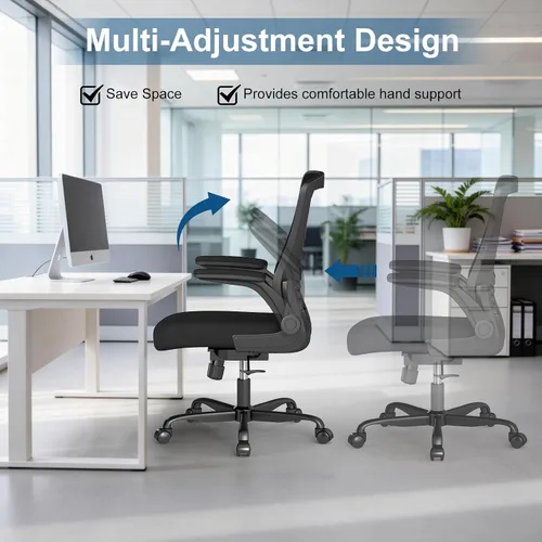Vista 3 de Silla de oficina ergonómica, silla de escritorio de malla con altura ajustable y reposabrazos abatibles, cómoda silla de computadora para largas