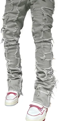 Vista 3 de Jeans apilados de ajuste regular para hombre, rasgados, ajustados, desgastados, rectos, ropa de calle