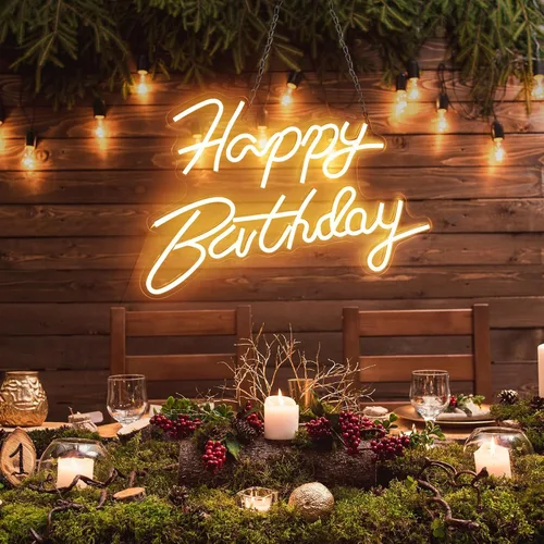 Vista 8 de Letrero de neón de feliz cumpleaños para decoración de pared, letrero de luz LED de neón con interruptor regulable, cartel iluminado de feliz