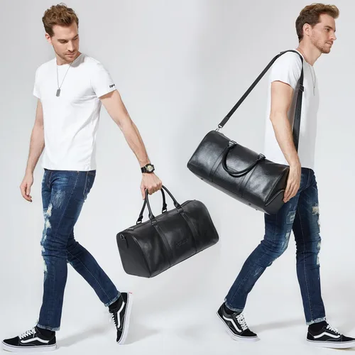 Vista 7 de BOSTANTEN Bolsa de lona de viaje de cuero genuino para el fin de semana, bolsa de lona para gimnasio, deportes, equipaje de mano para hombres