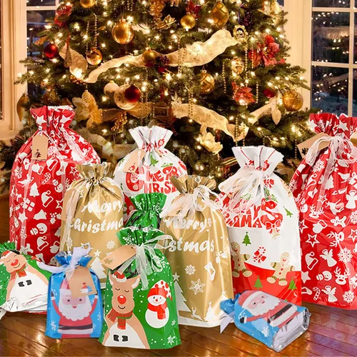 Vista 7 de YALTOON 40 bolsas de regalo de Navidad con cordones de varios tamaños, bolsas de Navidad para envolver regalos, regalos de vacaciones 40P Tamaños