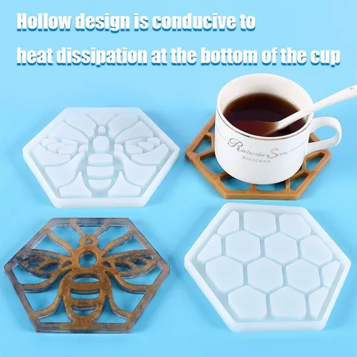 Vista 5 de Paquete de 2 moldes hexagonales de resina de silicona de grado alimenticio para fundición epoxi, soporte para tazas de automóvil, bandeja de ágata