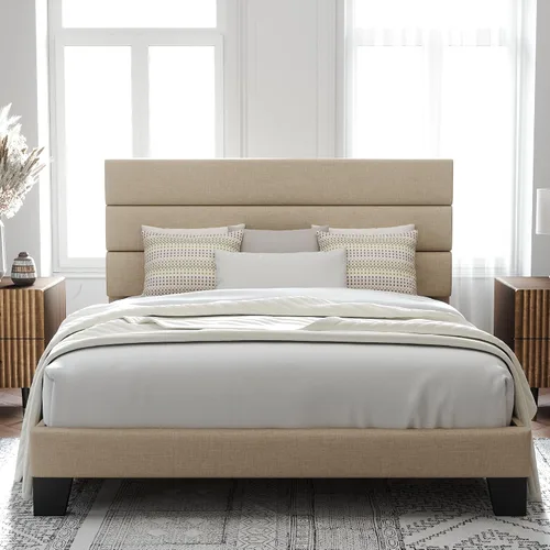 Vista 20 de Allewie Base de cama de plataforma de tamaño individual con cabecera tapizada de tela y soporte de listones de madera, base de colchón totalmente