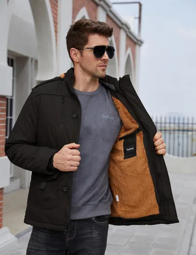 Vista 5 de Tanming - Abrigo de invierno para hombre con forro de piel sintética y capucha desmontable