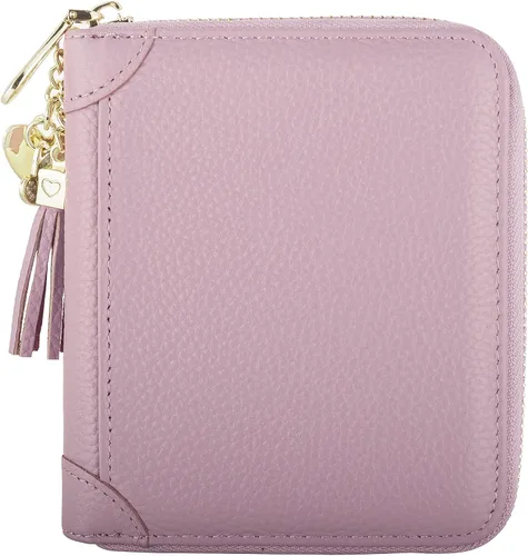 Vista 4 de Cartera con tarjetero RFID para tarjetas de crédito, de cuero, con cremallera, para mujer, 40 ranuras para tarjetas, Púrpura, Compacto