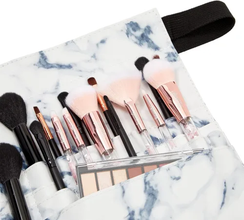 Vista 5 de Cinturón de brochas de maquillaje de mármol con 22 bolsillos (10.2 x 9.7 x 2 pulgadas), Blanco