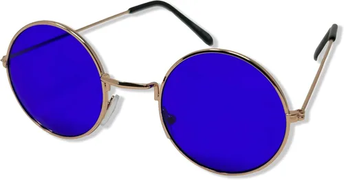 Vista 11 de Lentes de sol de John Lennon para fiesta. Lentes de sol redondos, hippie, con lentes de colores. Marco negro con lente azul
