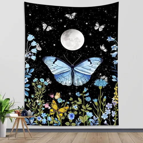 Vista 11 de LB Tapiz pequeño de mariposa colorido para colgar en la pared, diseño psicodélico de flores silvestres 3D, mariposas de fantasía floral, arte