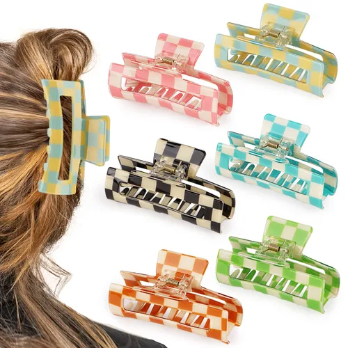 Vista 2 de Paquete de 6 pinzas para el cabello a cuadros, 3.1 pulgadas, multicolor, cuadradas, medianas, antideslizantes, agarre fuerte, para mujeres y niñas