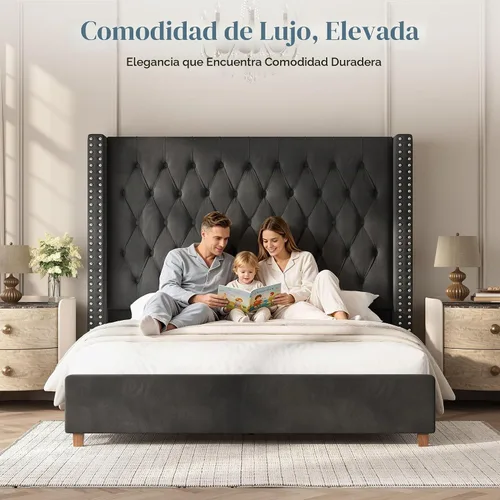 Vista 3 de PaPaJet Base de cama Queen de 61.4 pulgadas de alto, cabecera tapizada