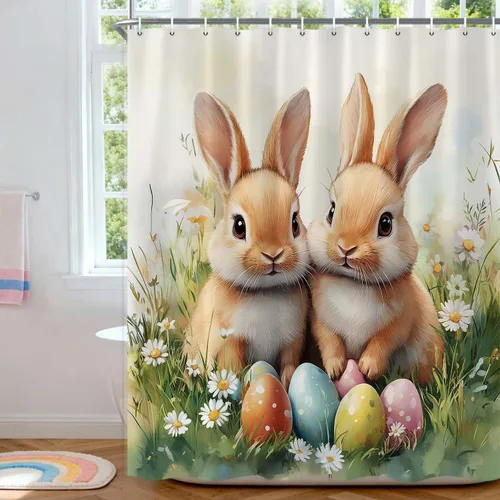 Vista 12 de Wathon Bonita cortina de ducha de conejo de Pascua, juego de decoración de baño con mariposa floral, tela de tela, juego de decoración de baño