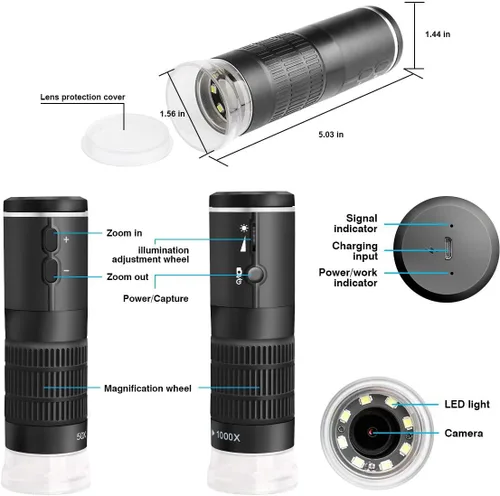 Vista 6 de Microscopio digital WiFi para iPhone, teléfono Android, Mac, Windows, HD 1080P/720P, grabación de video 50-1000X, microscopio portátil inalámbrico