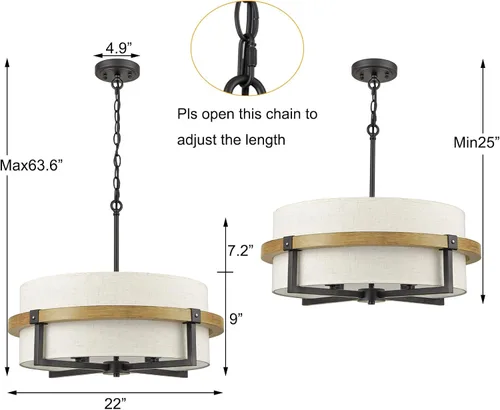 Vista 5 de Candelabro de tambor rústico de 4 luces para comedor con pantalla de tela blanca rota