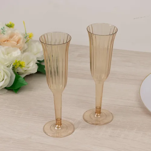 Vista 6 de Efavormart - Juego de 24 copas de champán de plástico de 6 onzas, diseño acampanado ámbar dorado transparente, vasos desechables con base desmontable