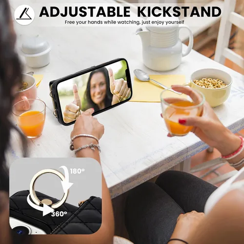 Vista 3 de Funda para iPhone 12 Pro/iPhone 12 de 6.1 pulgadas, cartera cruzada con cremallera para mujer, tarjetero con bloqueo RFID, funda de cuero con Negro