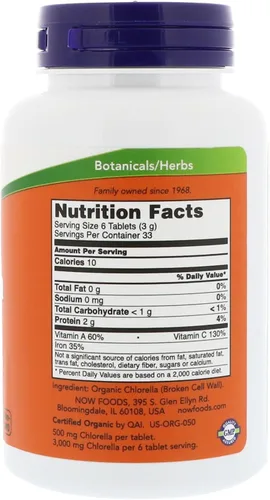 Vista 2 de NOW Foods - Chlorella Green Superfood Certificado Orgánico 500 mg. - 200 Tabletas paquete de 2.