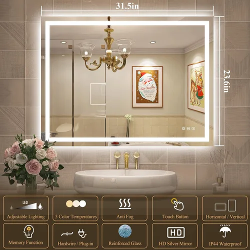Vista 2 de SBAGNO - Espejo LED de baño con Bluetooth, 24 x 32 pulgadas, con luz regulable, espejo de tocador con 3 colores, retroiluminado + luz frontal