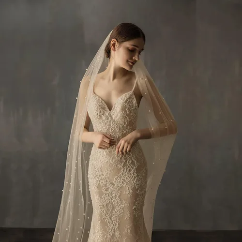 Vista 6 de AMBRE ADELE Cathedral Bridal Long Tulle Veil With Pearl, Wedding Veil for Brides